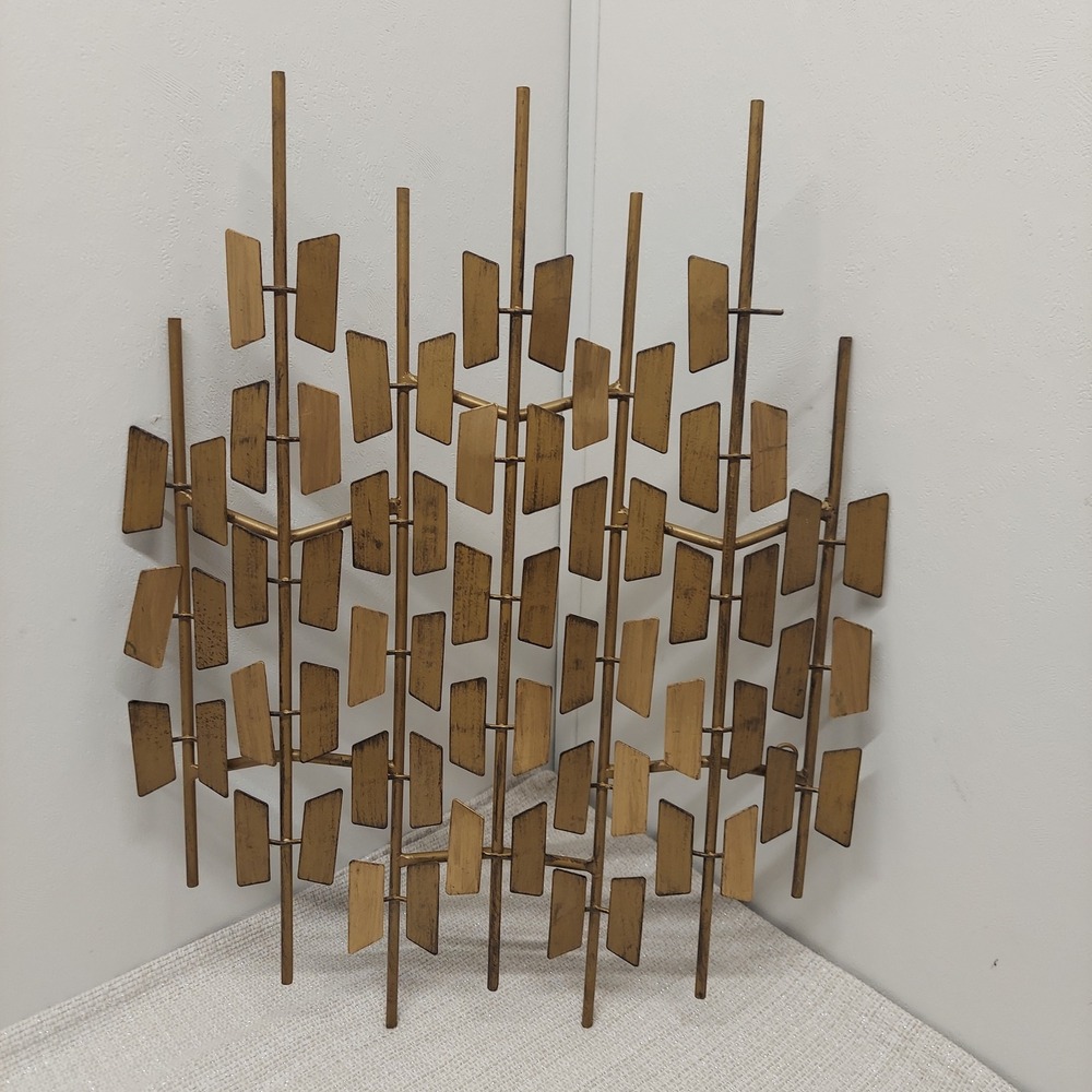Vintage Mid Century Modern Brutalist Metal Wall Art Sculpture Gold Geometric 20"